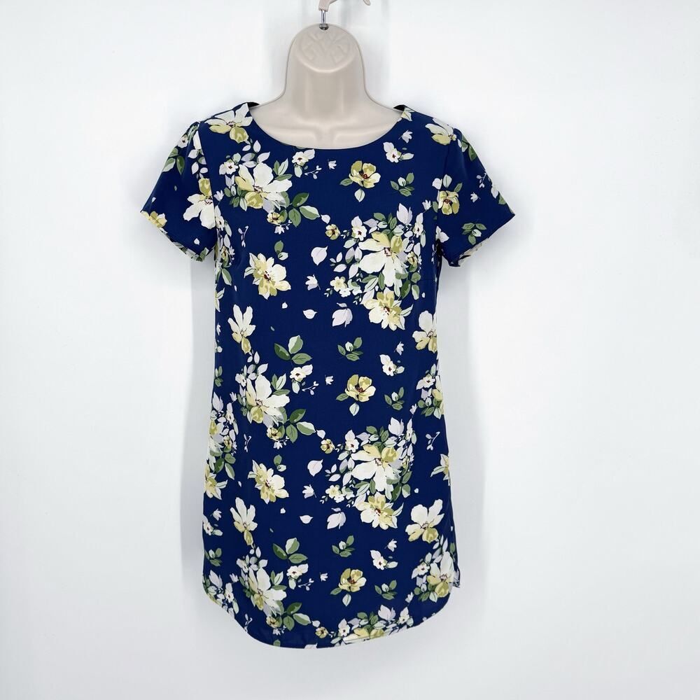 Lulus Floriana Navy Blue Floral Print Shift Dress Sz XS Mini Lined Short Sleeve